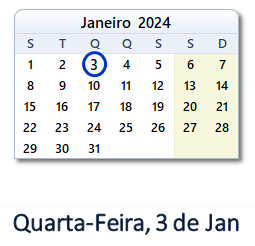 3 Janeiro 2024 calendario