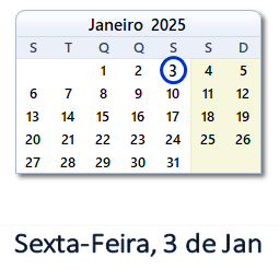 3 Janeiro 2025 calendario