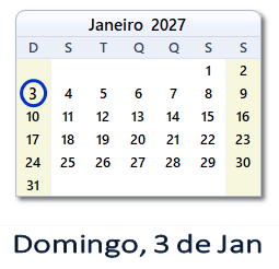 3 Janeiro 2027 calendario
