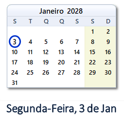 3 Janeiro 2028 calendario