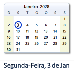 3 Janeiro 2028 calendario