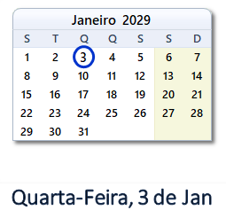 3 Janeiro 2029 calendario
