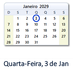 3 Janeiro 2029 calendario