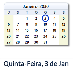 3 Janeiro 2030 calendario