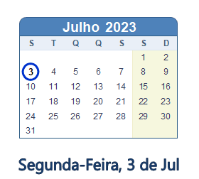 3 Julho 2023 calendario