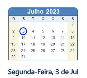 3 Julho 2023 calendario