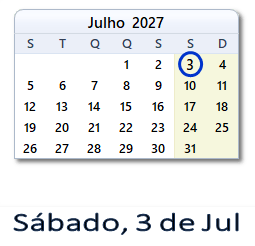 3 Julho 2027 calendario