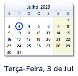 3 Julho 2029 calendario