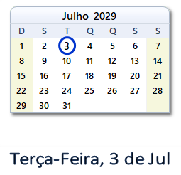 3 Julho 2029 calendario