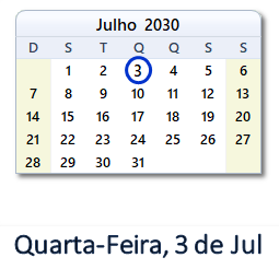 3 Julho 2030 calendario