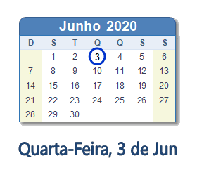 3 Junho 2020 calendario