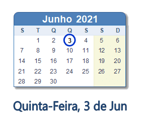 3 Junho 2021 calendario