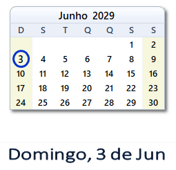 3 Junho 2029 calendario