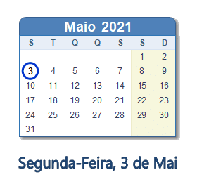 3 Maio 2021 calendario