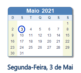 3 Maio 2021 calendario