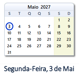 3 Maio 2027 calendario
