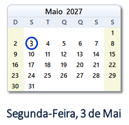 3 Maio 2027 calendario
