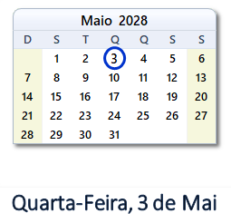 3 Maio 2028 calendario