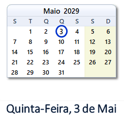 3 Maio 2029 calendario