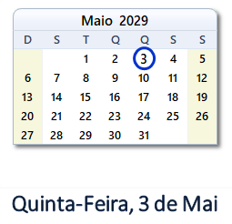 3 Maio 2029 calendario