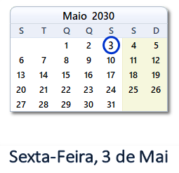3 Maio 2030 calendario