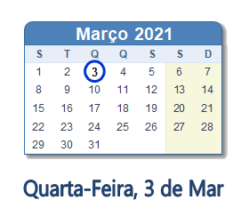 3 Março 2021 calendario