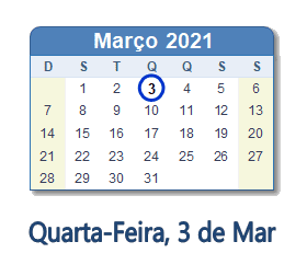 3 Março 2021 calendario