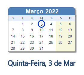 3 Março 2022 calendario