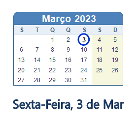 3 Março 2023 calendario