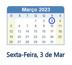 3 Março 2023 calendario