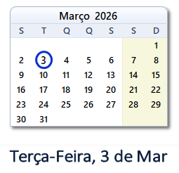 3 Março 2026 calendario