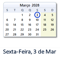 3 Março 2028 calendario
