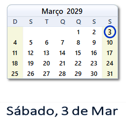 3 Março 2029 calendario