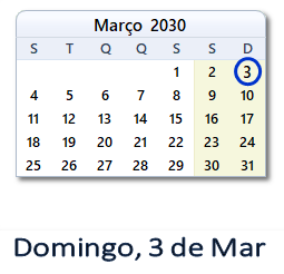 3 Março 2030 calendario