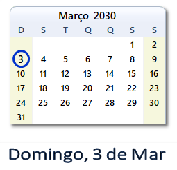 3 Março 2030 calendario