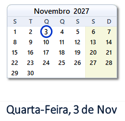 3 Novembro 2027 calendario