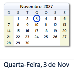 3 Novembro 2027 calendario