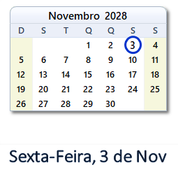 3 Novembro 2028 calendario