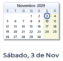3 Novembro 2029 calendario