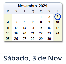 3 Novembro 2029 calendario