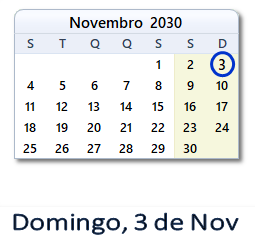 3 Novembro 2030 calendario