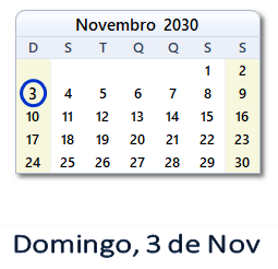 3 Novembro 2030 calendario
