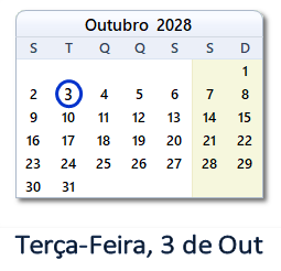 3 Outubro 2028 calendario