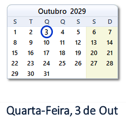 3 Outubro 2029 calendario