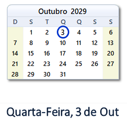 3 Outubro 2029 calendario