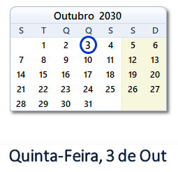 3 Outubro 2030 calendario