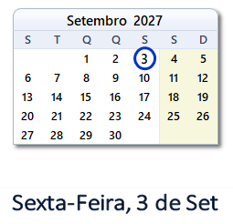 3 Setembro 2027 calendario
