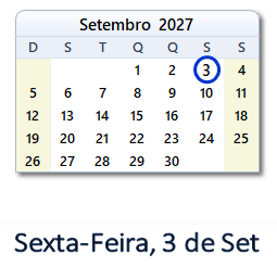 3 Setembro 2027 calendario
