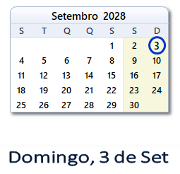 3 Setembro 2028 calendario