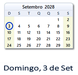3 Setembro 2028 calendario